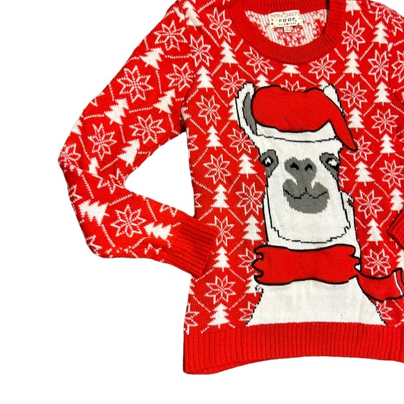 POOF Llama! Merry Ugly Christmas! Red & White Graphic Ugly Llama Sweater- Small - Picture 3 of 11